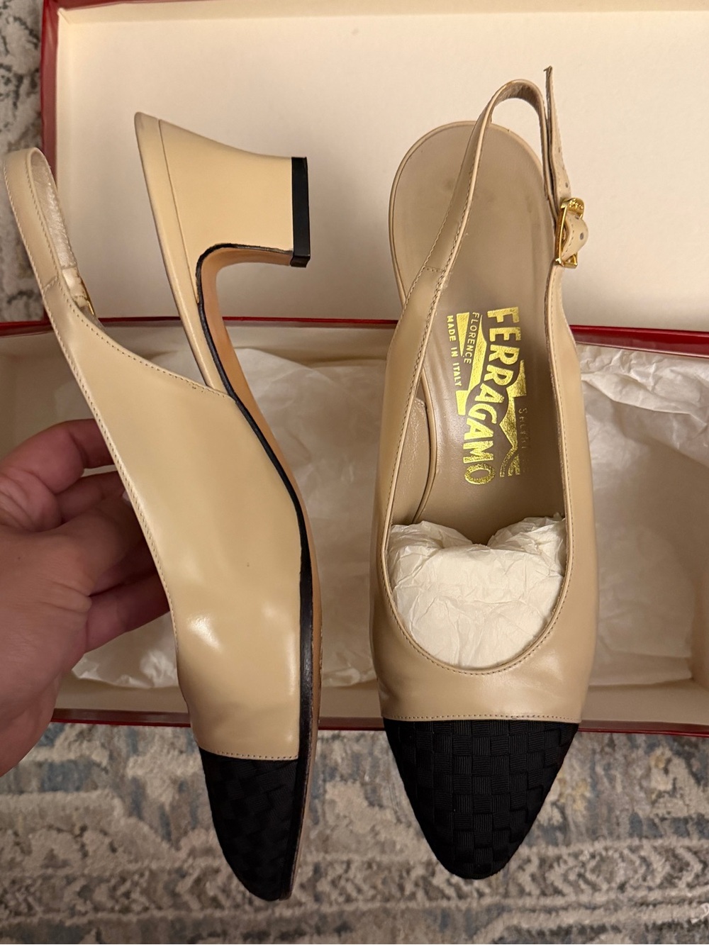 Salvatore Ferragamo Beige Leather Slingback Pumps with Black Woven Cap Toe
